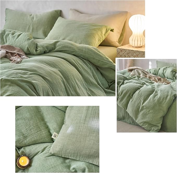 VM VOUGEMARKET Green Duvet Cover Queen Size-Ultra-Soft, Breathable & Lightweight Muslin Cotton Linen Like Gauze Textured Comforter Cover with Zipper Closure Minimalist Bedding Set- 90"x90",Mint Green