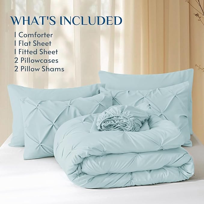 JOLLYVOGUE King Size Comforter Set 7 Pieces - Bed in a Bag King for All Season, Pintuck Bedding Comforter Sets with Comforter, Flat Sheet, Fitted Sheet and Pillowcases & Shams, Light Blue