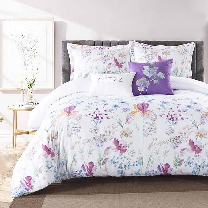 Nanko Queen Duvet Cover Set, White Purple Blue Floral & Green Leaf Print Pattern 3 Piece - Microfiber Bedding Comforter Quilt Cover Zip Closure, Tie - Modern Style for Men and Women, 90X90 inch FLower