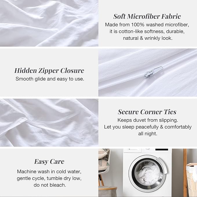 MILDLY Super Soft Duvet Cover - 100% Washed Microfiber Bright White Comforter Cover Set 3 Pieces with Zipper Closure & Corner Ties (No Comforter)