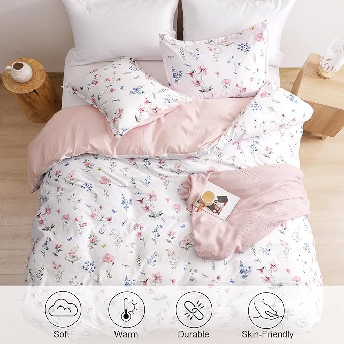 PHF Ultra Soft Floral Duvet Cover King Size, Printed Garden Bedding Set 3 Pieces, Comfy Durable Farmhouse Duvet Cover Set with 2 Pillow Shams, Zipper Closure and 8 Ties, 104"x90", White & Pink