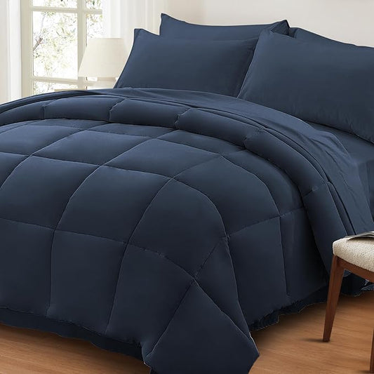 Anluoer Queen Size Bed in a Bag 7 Pieces, Navy Blue Bed Comforter Set with Sheets, All Season Bedding Sets with 1 Comforter,2 Pillow Shams,2 Pillowcases, 1 Flat Sheet,1 Fitted Sheet