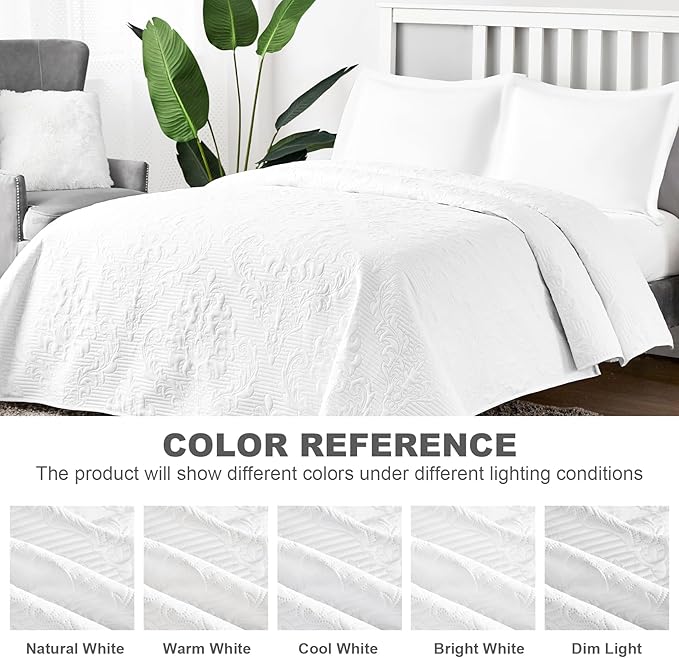 Hansleep White Quilt Twin Size - Damask Ultrasonic All Season Bedspread Twin, Soft Lightweight Coverlet Bedding Set, 2 Pieces (1 Quilt, 1 Pillow Sham)