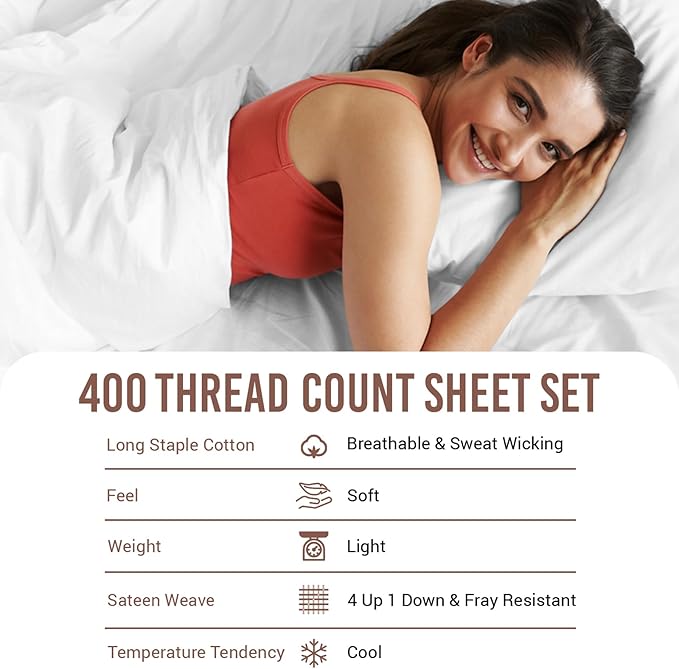 Pizuna Pure 100% Cotton California King Sheets, Luxurious 400 Thread Count Long Staple Sateen with 15-Inch Deep Pocket (Combed White, California King)