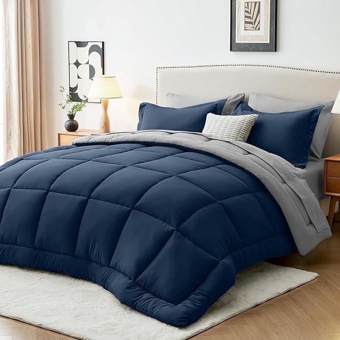 Sasttie Queen Comforter Set, 7 Pieces Bed in a Bag Queen, Complete Bedding Set Includes Comforter, Flat Sheet, Fitted Sheet, Pillowcases and Pillow Shams, Navy & Light Grey
