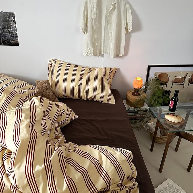 mixinni Retro Striped Duvet Cover Set Twin - 100% Natural Cotton 3-Piece Vintage Red Stripes Pattern Printed Bedding Set, Soft Breathable Comforter Cover with Zipper Closure & Corner Ties, Twin Size