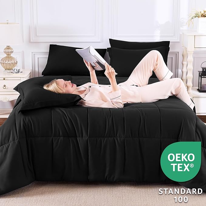 CozyLux King Size Comforter Set Black - 7 Pieces Bed in a Bag King, Okeo-Tex Certifited Bedding Set, All Season Soft Bed Set with Down Alternative Comforter, Sheets, Pillowcases & Pillow Shams