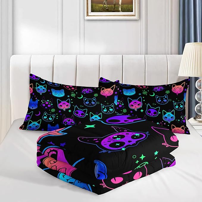 Axolotl Cat Comforter Set Twin,Kawaii Trippy Cat Moon Stars Bedding Set with 1 Comforter 2 Pillowcases for Kids Boys Girls Teens Adults Room Decor All Season,Colorful Neon Trippy Bed Set