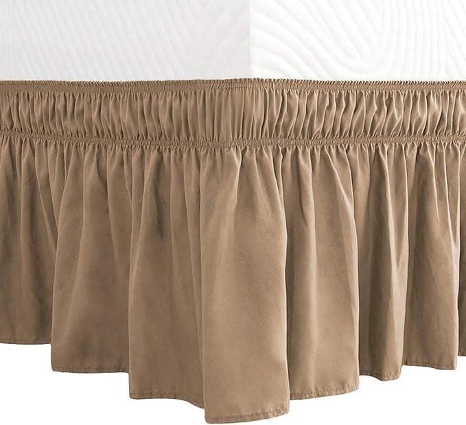 Bed Skirt Three Sides Fabric Adjustable Elastic Wrap Around Dust Ruffled Bed Skirts Kin XL, Taupe, 16 Inch Tailored Drop