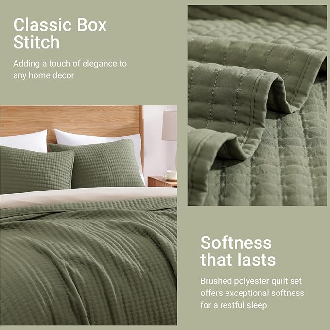 WRENSONGE Twin Quilt-2 Pieces Lightweight Bedspreads Olive Green Twin Quilt Bedding Set for All Seasons, Soft Summer Coverlet Suitable for Bed, Couch, Quilt Blanket