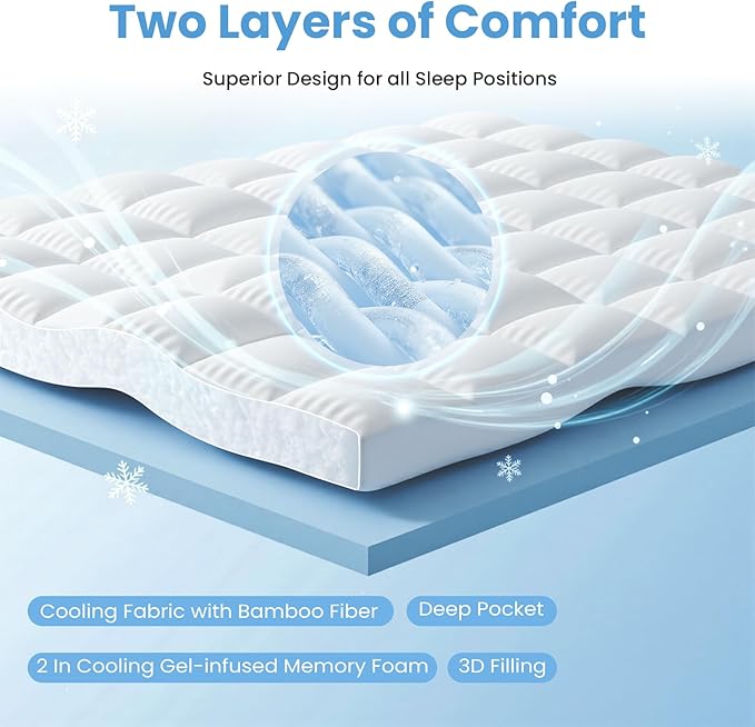 Sweetcrispy Dual Layer Queen Memory Foam Mattress Topper, 2 Inch Gel Memory Foam Plus 1 Inch Down Alternative Pillowtop Mattress Pad Cover, Cooling Bed Topper for Pressure Relief