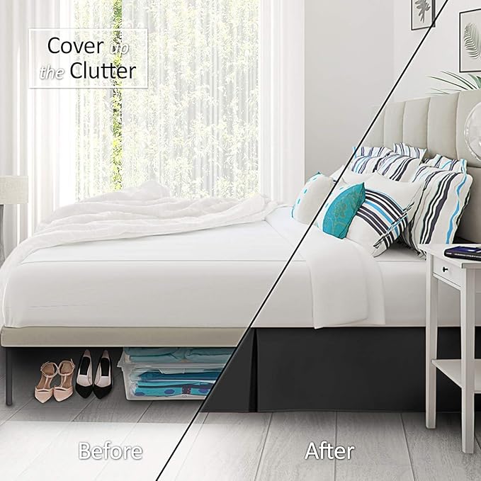 Pleated Bed Skirt 20 Inch Drop King Size – Wrinkle-Free Microfiber – Dust Ruffle with Split Corners Black
