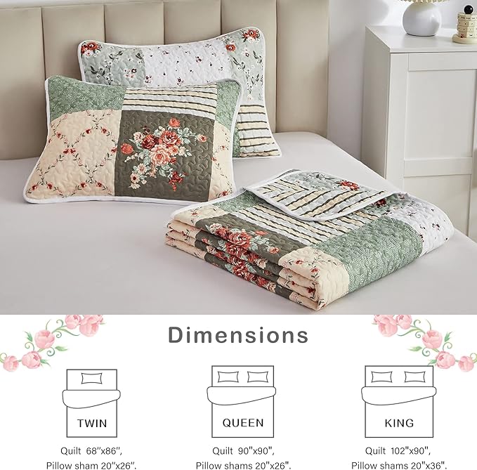 Patchwork Quilt Set King Size, 3 Pieces Green Floral Plaid Summer Bedspread Coverlet Set, Soft Microfiber Reversible Lightweight Bed Cover for All Season (102" x 90", 1 Quilt+ 2 Pillow Shams)