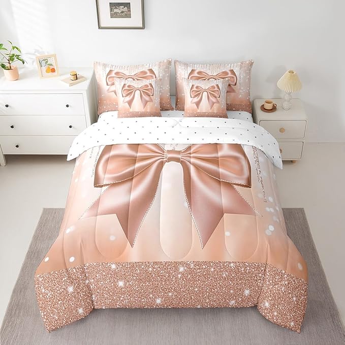 Feelyou Kids Cute Bowknot Comforter Set with Sheets King Size, Dreamy Princess 7 Pieces Bedding Set Boys Girls Glitter Bed in A Bag Watercolor Bow Teens Bed Set Bedroom Decor 7Pcs