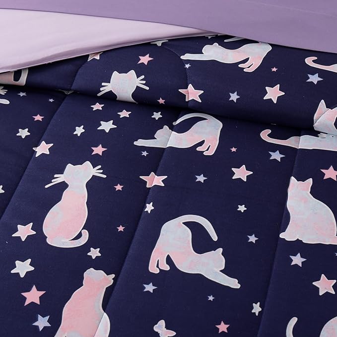 Full Comforter Set for Girls Kids - 7 Pieces Cute Cat Full Size Bedding Sets for Kids, Soft Cozy Bed in A Bag with Sheets