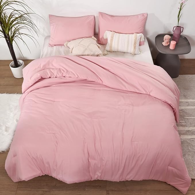 ROSGONIA Pink Comforter Set Queen,3pcs (1 Boho Pink Comforter & 2 Pillowcases) All Season Bedding Comforters Lightweight Bedspread Blanket Quilt