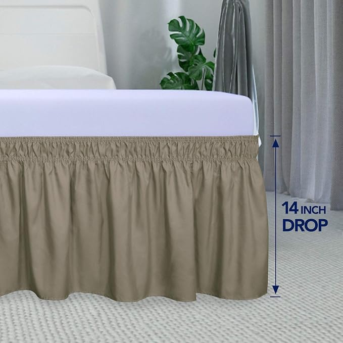 PureFit Wrap Around Ruffled Bed Skirt with Adjustable Elastic Belt - 14 Inch Drop Easy to Put On, Wrinkle Free Bedskirt Dust Ruffles, Bed Frame Cover for Queen, King and C-King Size Beds, Sand