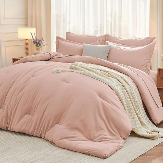 MUXHOMO 7 Pieces California King Comforter Set, Soft Bed in a Bag Cal King Size, All Season Bedding Set with Comforter, Flat Sheet, Fitted Sheet, Pillowcases & Shams, Rose Gold