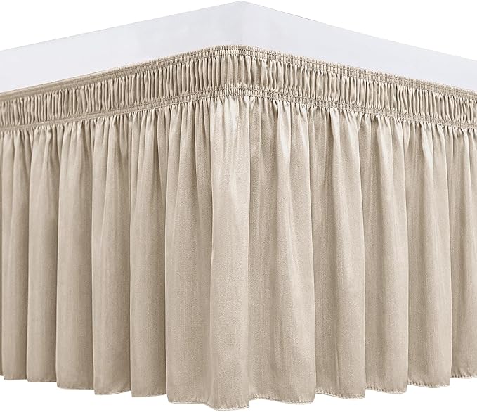 Biscaynebay Wrap Around Bed Skirts for Queen Beds 14" Drop, Light Camel Adjustable Elastic Dust Ruffles Easy Fit Wrinkle & Fade Resistant Silky Luxurious Fabric Solid Machine Washable
