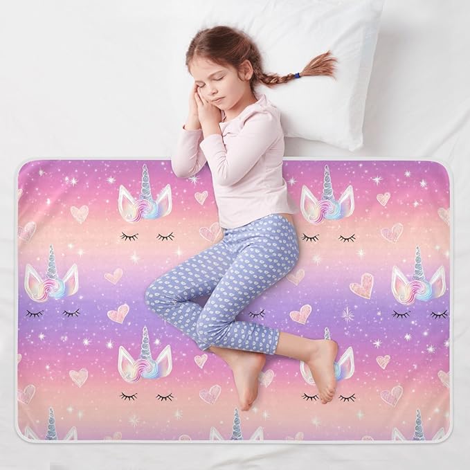 Waterproof Bed Pad Reusable Changing Pad Toddler Mattress Protector Large Pee Pad Baby Diaper Pad Soft Washable Liner Rainbow Gradient Shiny Unicorn Horn Lashes Hearts