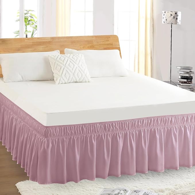 Twin Bed Skirt, Elastic Wrap Around Bed Skirt Twin Size, Bed Skirts for Adjustable Bed, Easy Fit with 14" Drop Length Tailored Drop Dust Ruffle (Pink)