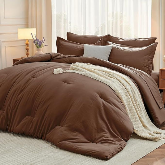 MUXHOMO 5 Pieces Twin Comforter Set, Soft Bed in a Bag Twin Size, All Season Bedding Set with Comforter, Flat Sheet, Fitted Sheet, Pillowcases & Shams, Brown
