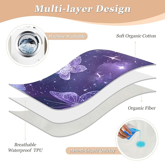 Waterproof Bed Pad Reusable Changing Pad Toddler Mattress Protector Large Pee Pad Baby Diaper Pad Soft Washable Liner Purple Butterfly Moon
