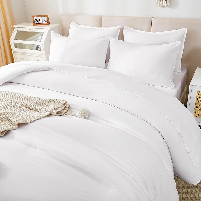 Litanika Comforter Full Size Set White - 7 Pieces Bed in a Bag Full Bedding Comforter Sets, Plain Lightweight Bed Set with Comforter, Sheets, Pillowcases & Shams