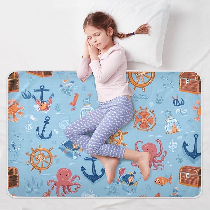 Waterproof Bed Pad Reusable Changing Pad Toddler Mattress Protector Large Pee Pad Baby Diaper Pad Soft Washable Liner Blue Pirate Treasure Box Anchors Octopus