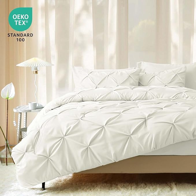 JOLLYVOGUE King Size Comforter Set 7 Pieces - Bed in a Bag King for All Season, Pintuck Bedding Comforter Sets with Comforter, Flat Sheet, Fitted Sheet and Pillowcases & Shams, Ivory