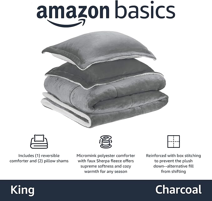 Amazon Basics 3 Piece Bedding Set, Micromink Sherpa, Ultra-Soft, Warm All Season Comforter, King, Charcoal, Solid