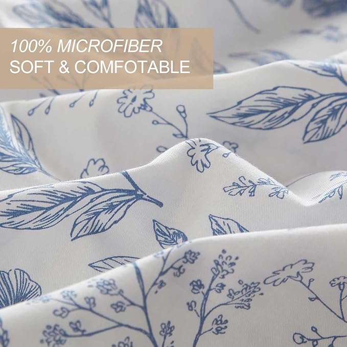 Nanko Floral Duvet Cover Set Queen Size, Blue and White Flower Leaf Print Pattern Bed Set, Soft Microfiber Reversible Comforter Bedding Cover with Zip Tie - Vintage Farmhouse for Women Men, 3Pcs 90x90
