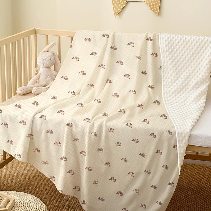Cotton Muslin Front Nursery Fluffy Dotted Fleece Back Receiving Bed Quilt, Reversible Baby Blanket for Unisex Newborn Baby Toddler Boys Girls