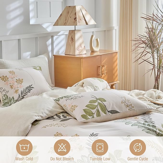 Lekesky Queen Size Reversible Duvet Cover, Duvet Cover Queen Size 3 Piece Green Leaf Microfiber Botanical Bedding Set with Zipper Closure Corner Ties