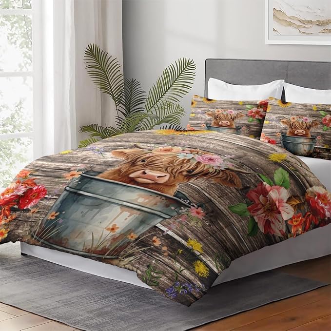 King Size Comforter Set with 2 Pillowcases, Happy Cute Cartoon Soft 3 Pcs Bedding for Kids and Adults, Highland Cow Flower Comforter Set for Bedroom Bed Decor