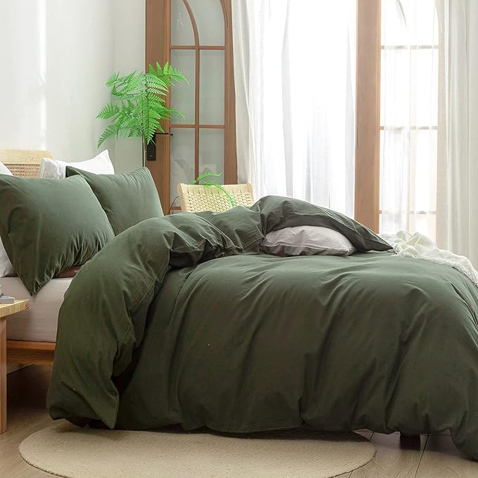 BESTOUCH Duvet Cover Set 100% Washed Cotton Linen Feel Super Soft Comfortable Chic Lightweight 3 PCs Home Bedding Set Olive Green King