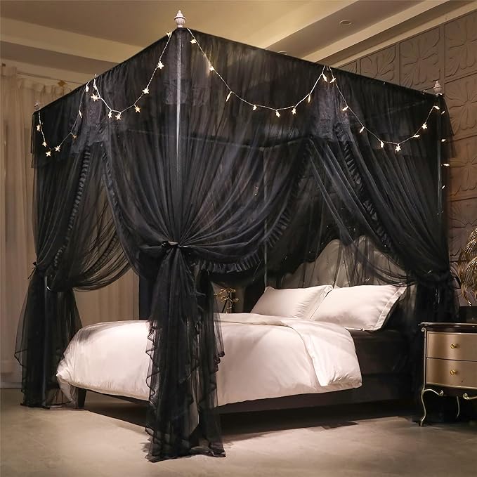 VETHIN 4 Corners Post Ruffle Princess Bed Canopy Curtain-Double Layer Cozy Drape Netting 4 Opening Mosquito Net for Girls Adults Bedroom Decoration (Double-Black,59" W*82" L*82"*H/Queen)