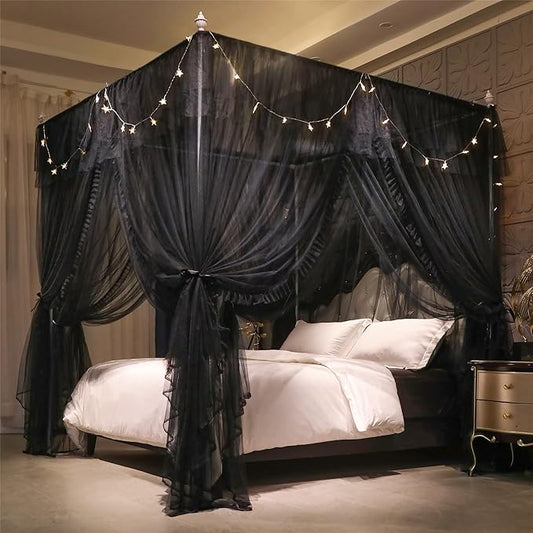 VETHIN 4 Corners Post Ruffle Princess Bed Canopy Curtain-Double Layer Cozy Drape Netting 4 Opening Mosquito Net for Girls Adults Bedroom Decoration (Double-Black,47" W*78" L*82" H/Twin)