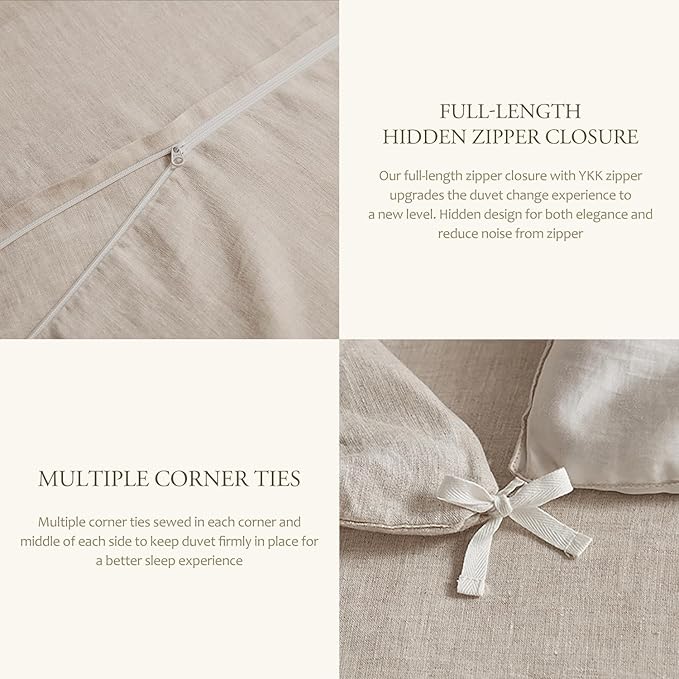 DAPU 100% Linen Duvet Cover, Pure Natural French Flax Linen with Corner Ties&Zipper Closure Soft Breathable Durable for Hot Sleepers 1 Duvet Cover 2 Pillowcases(Natural Linen, California King)