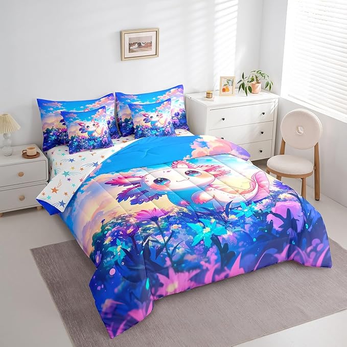 Feelyou Kids Cute Axolotl 7 Pieces Bedding Set Full Size, Cartoon Animal Comforter Set with Sheets Boys Girls Kawaii Ocean Sealife Bed in A Bag Floral Teens Bed Set Bedroom Decor 7Pcs