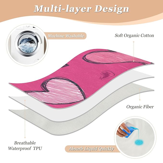 Waterproof Bed Pad Reusable Changing Pad Toddler Mattress Protector Large Pee Pad Baby Diaper Pad Soft Washable Liner Hot Pink Hearts and Stars