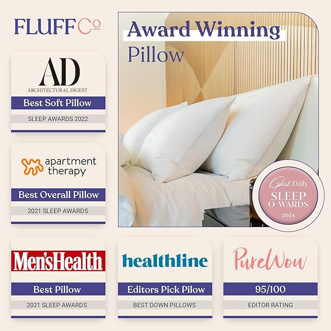 FluffCo Zen Fluff™ Down King Pillow with 600 Fill Power White Duck Down Stomach Sleeper Pillows - Luxury Hotel Quality 300 Thread Count - 100% Cotton Feather Pillows (Soft King Size 1 Pack)