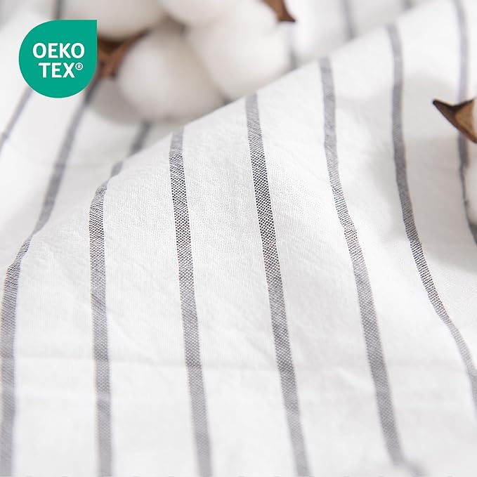 NEXHOME PRO Striped Duvet Cover Full Size,100% Washed Cotton Bedding Set,Textured Linen Feel,Breathable,Organic,3 Piece(Grey Stripes 80x90)