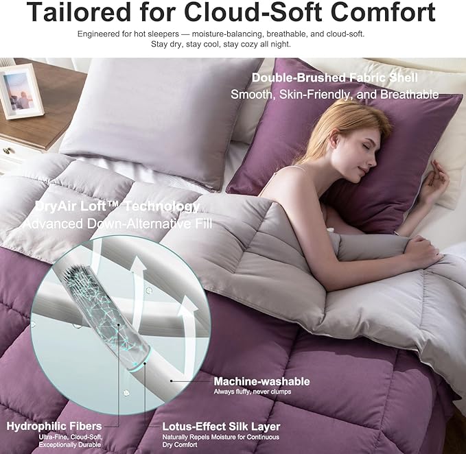 KASENTEX King Comforter Set – Reversible Dual Color – Goose Down Alternative – Ultra-Soft, Lightweight, Machine Washable, Maintain Fluffiness, All Season Warmth (Grape Jam/Gull)