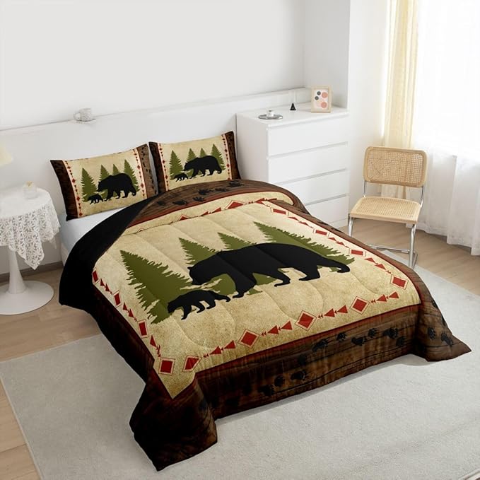 Bear Comforter Set King Size Rustic Farmhouse Bear Wildlife Bedding Wild Bear Bedding Comforter Sets Country Cabin Lodge Decor Down Comforter Nature Woodland Bear Paw Print Duvet Insert Brown Green