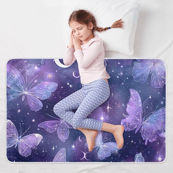 Waterproof Bed Pad Reusable Changing Pad Toddler Mattress Protector Large Pee Pad Baby Diaper Pad Soft Washable Liner Purple Butterfly Moon