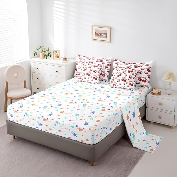 Feelyou Red Cherry Twin Comforter Set with Sheets for Kids Boys Girls Pink Bowknot 7 Pieces Bedding Set Cartoon Cherry Bed in a Bag Cute Bow Room Decor Soft Lightweight Microfiber
