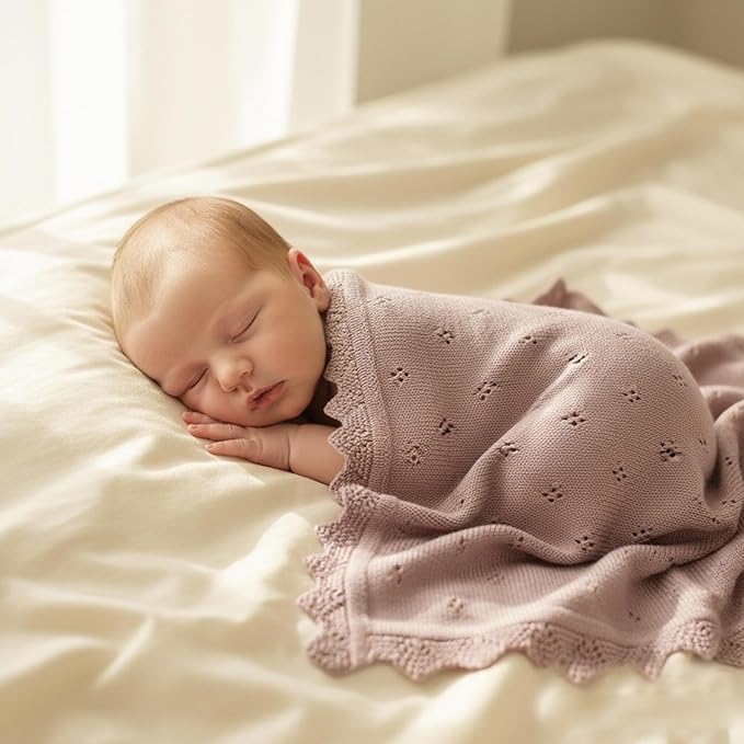 mimixiong Cotton Baby Blanket Knitted Crochet Receiving Crib Nursery Swaddling Blankets for Newborn Baby Boy Girl with The Bunny Rattle (Dreamy Lilac)