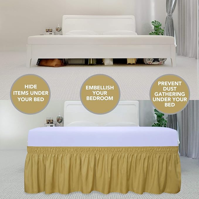 PureFit Wrap Around Ruffled Bed Skirt with Adjustable Elastic Belt - 14 Inch Drop Easy to Put On, Wrinkle Free Bedskirt Dust Ruffles, Bed Frame Cover for Twin,Twin XL and Full Size Beds, Gold