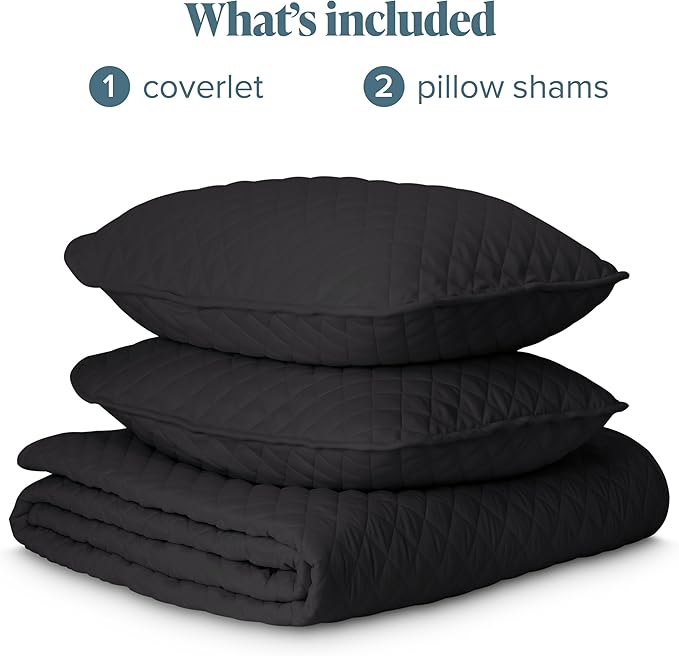Bare Home Coverlet Set - King Size - Lightweight Bed Decor - Comforter Alternative - All-Season Quilted Bedspread (King, Black)